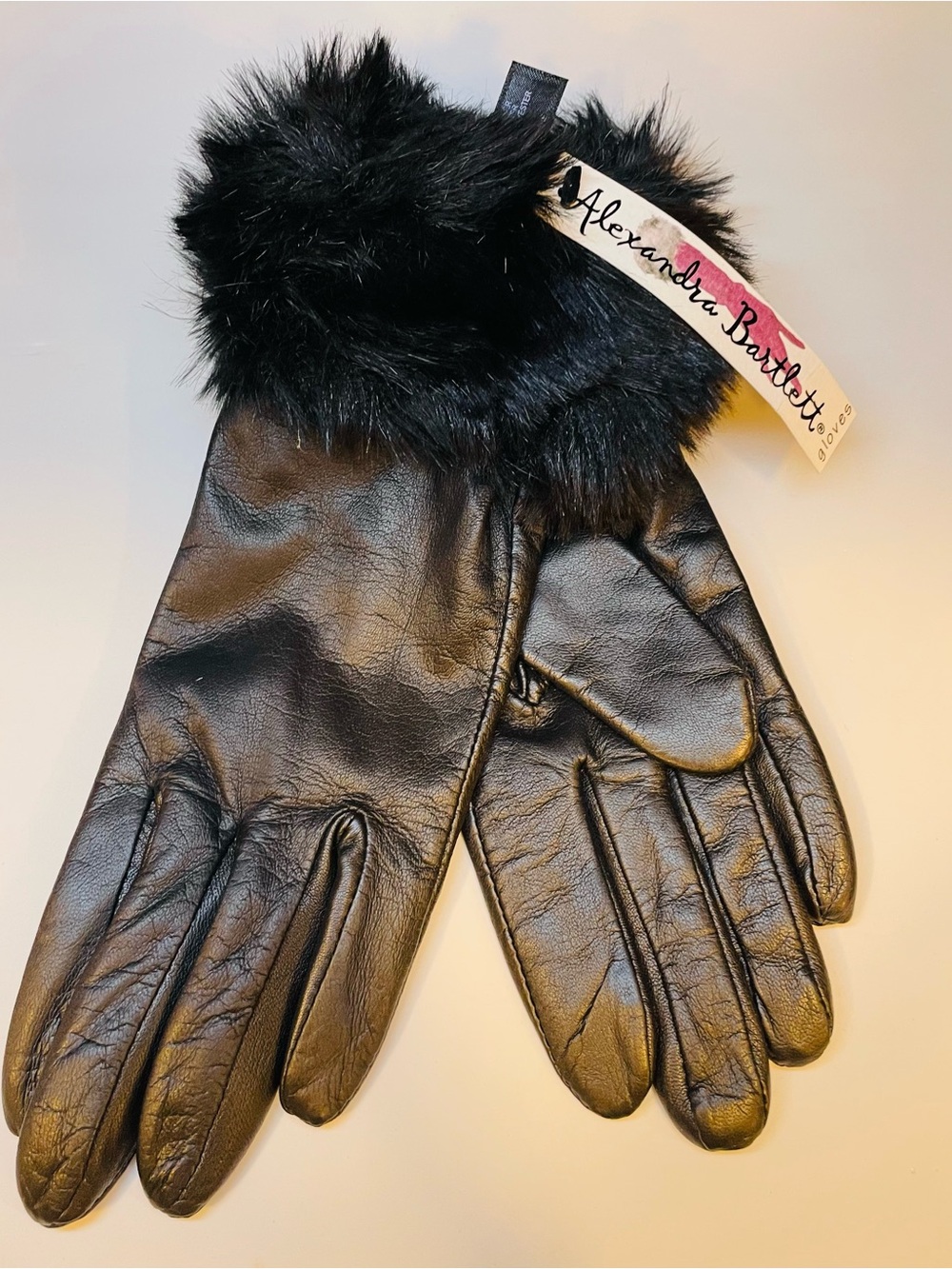 Beautiful soft leather black gloves with faux fur by Alexandra Bartlett